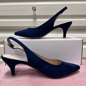 NEW Navy blue faux suede sling back pumps Sz 7.5 3” kitten heel pointed toe